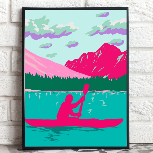 Modern landscape art of a person kayaking on calm waters inspired by Glacier National park