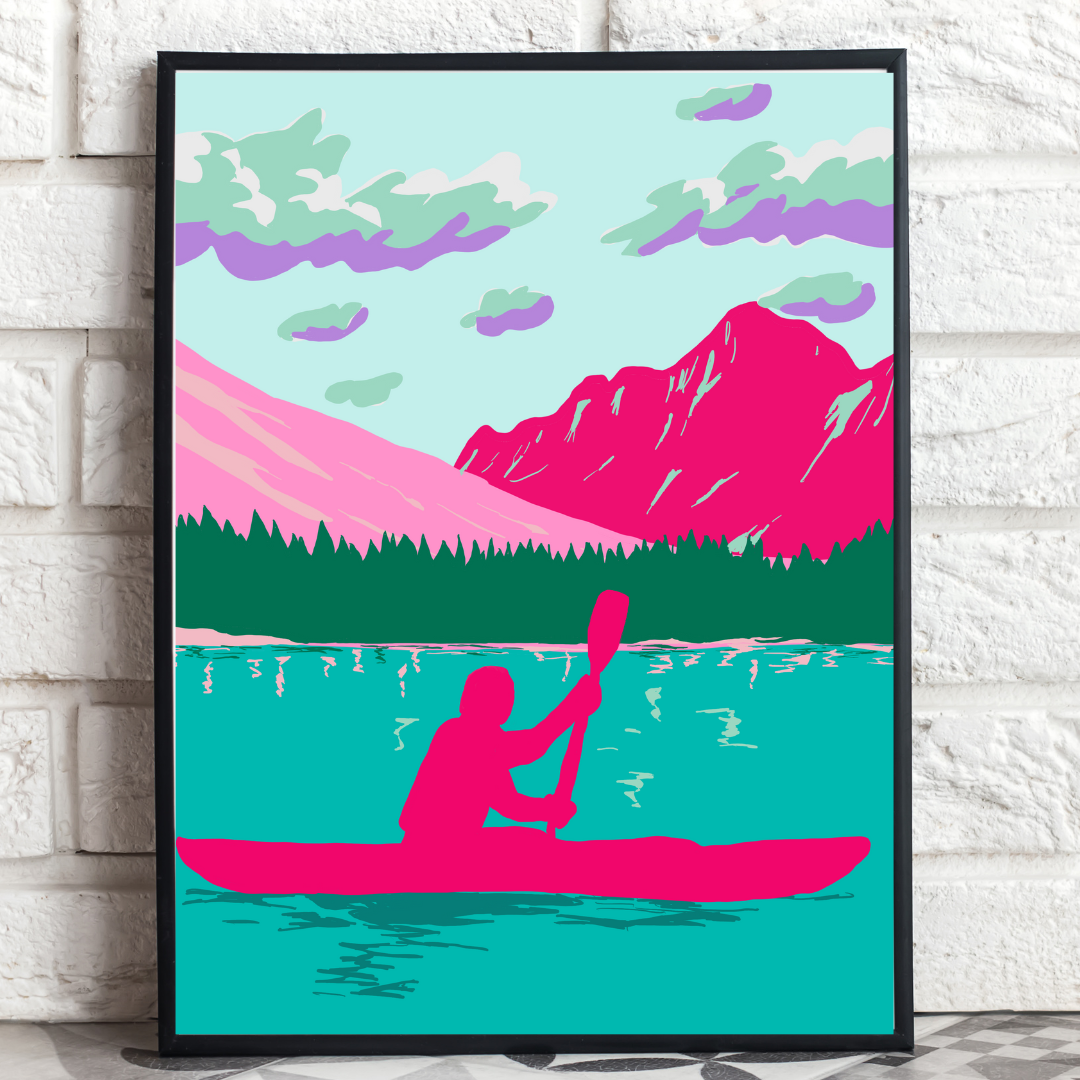 Modern landscape art of a person kayaking on calm waters inspired by Glacier National park
