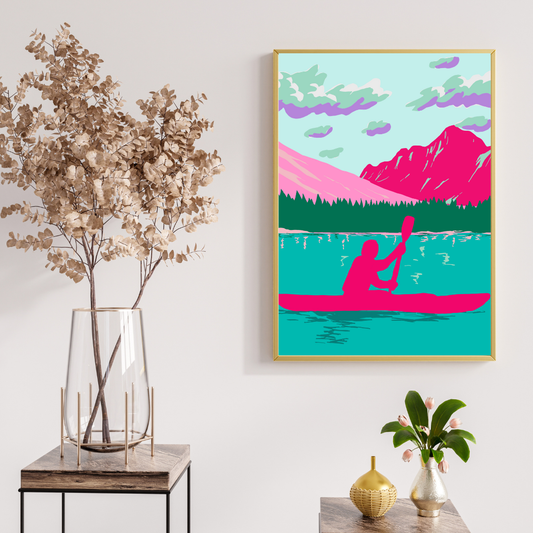 Modern landscape art of a kayaker on calm water inspired by Glacier National Park